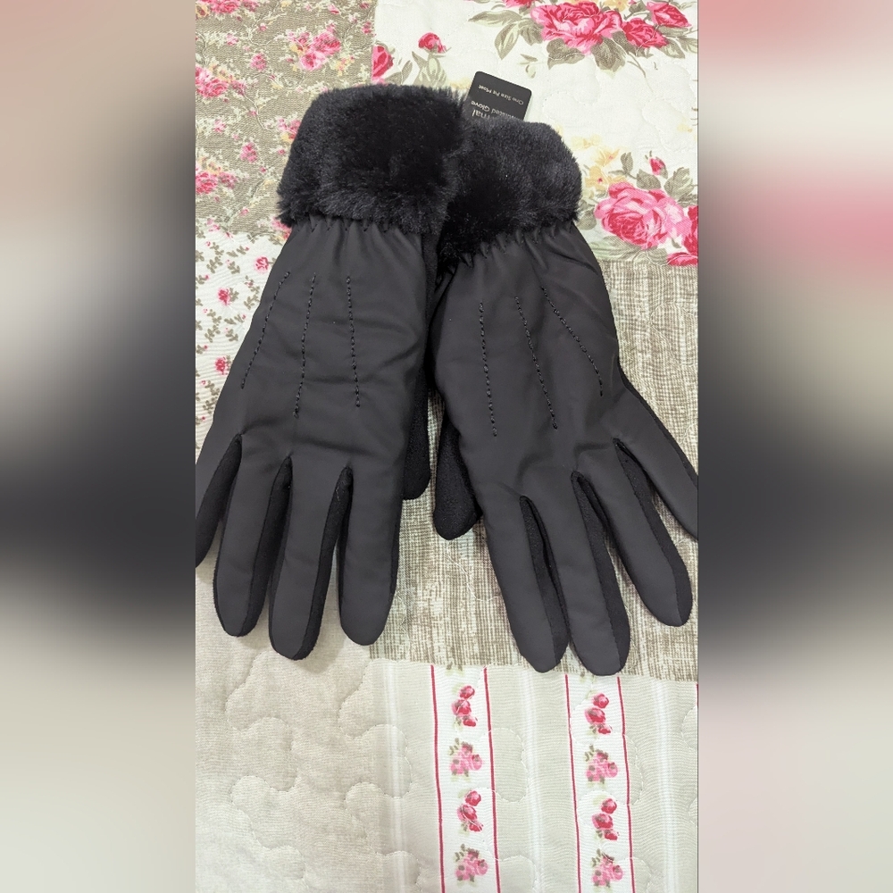 Women's Elegant Black Fur-Trimmed Thermal Gloves